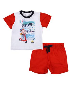 Boys White & Red Printed T-Shirt with Short Pants